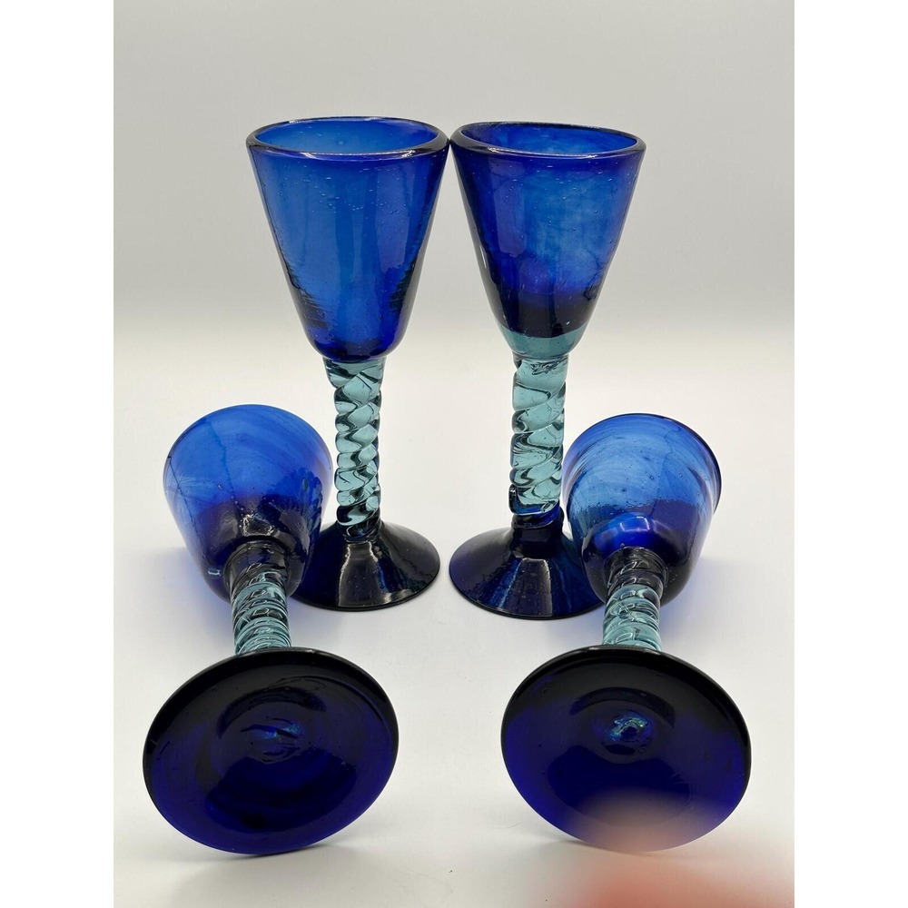 Vintage Cobalt Blue Mexican Hand-Blown Wine Goblets-Set of 4 MCM Barware Glasses